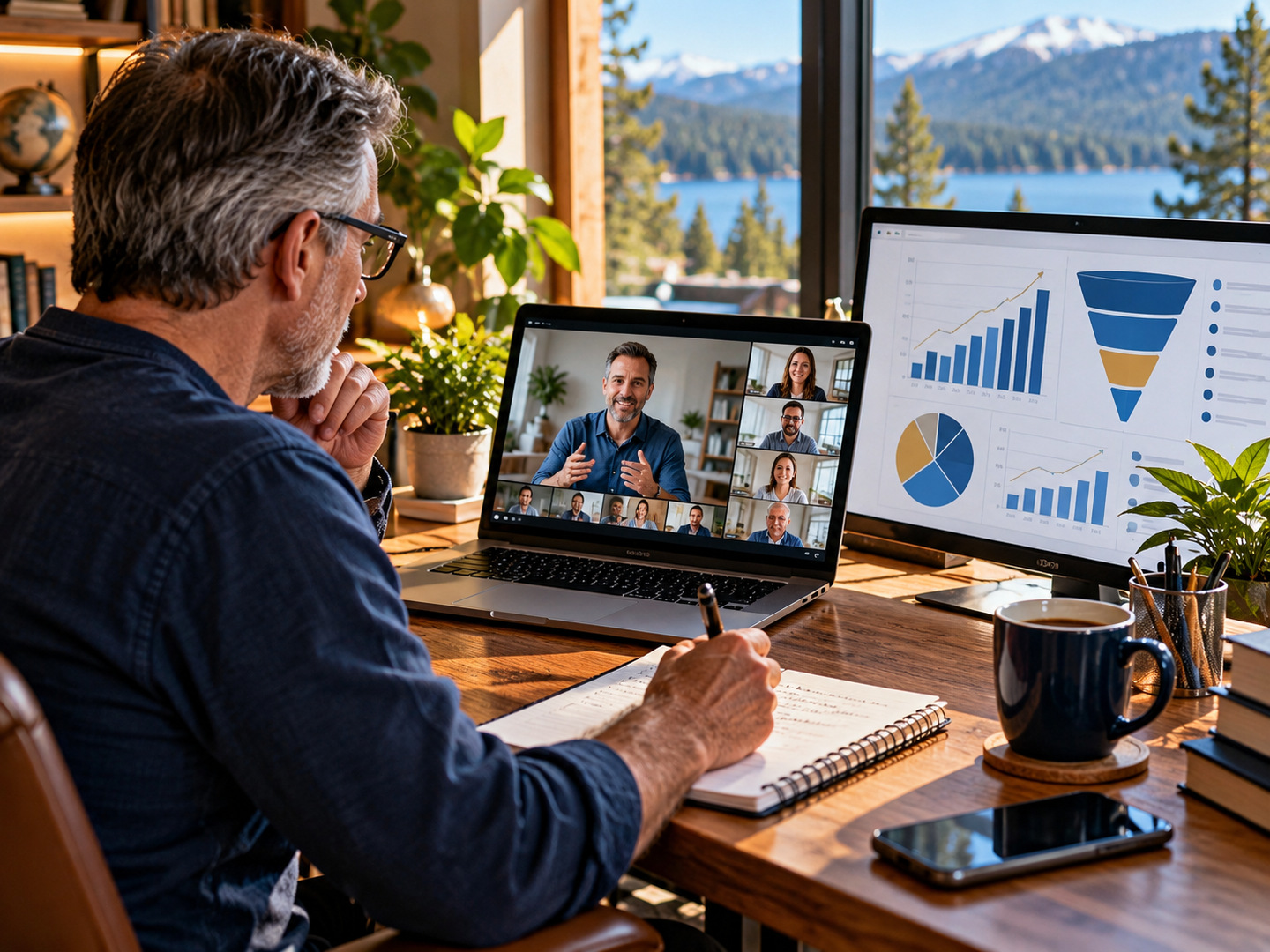Online business owner reviewing training and campaign performance at a laptop