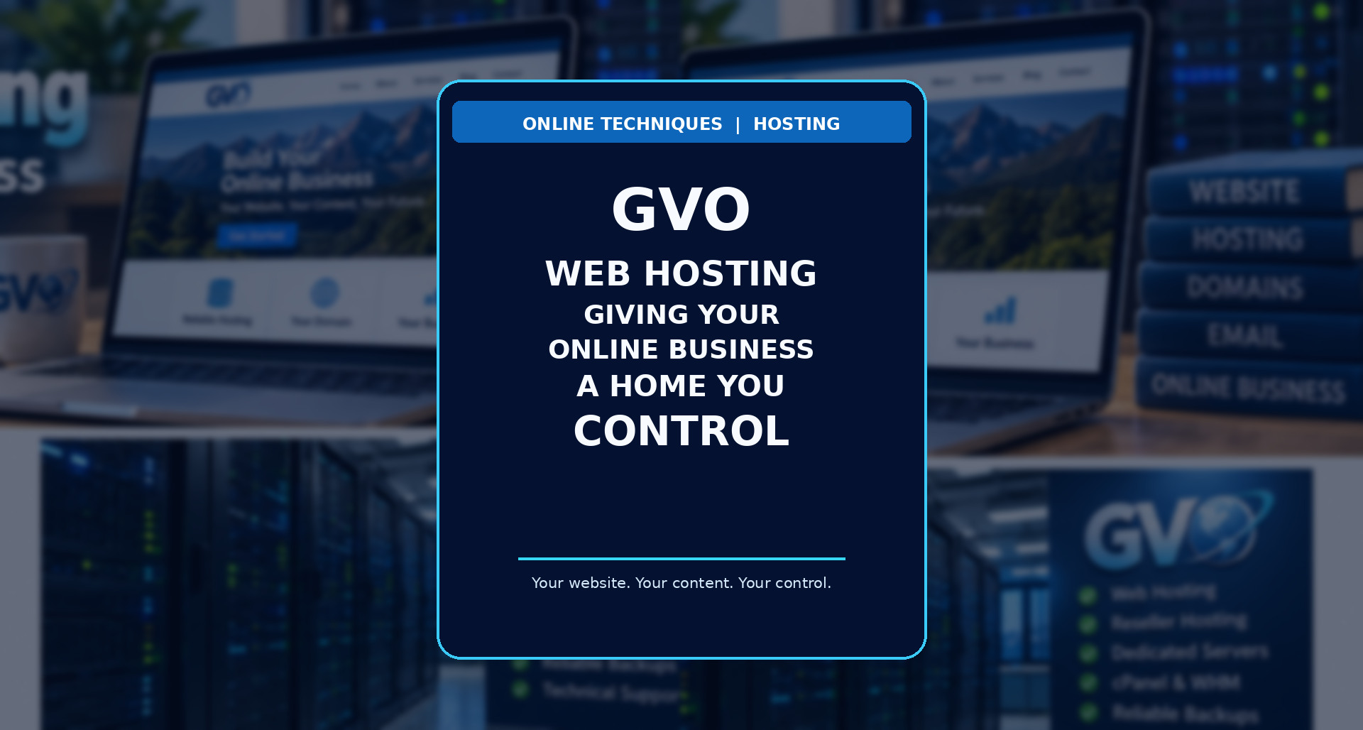 A06-Featured GVO web hosting featured illustration with centrally placed title and website infrastructure imagery