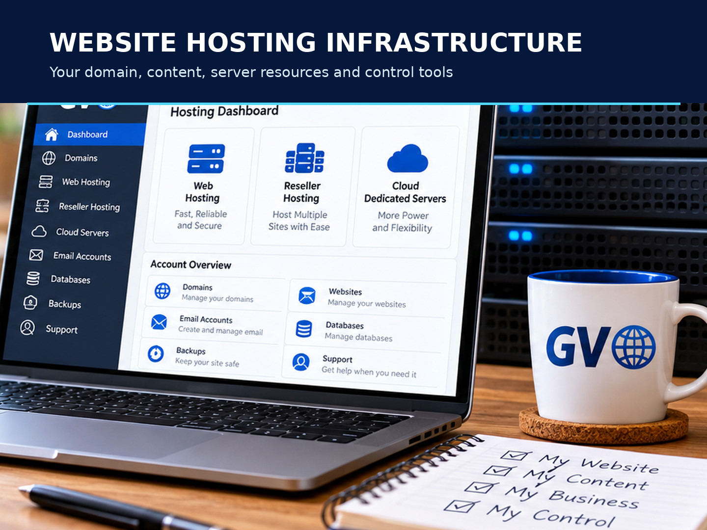 Illustration of managed web hosting, a business website, and server infrastructure