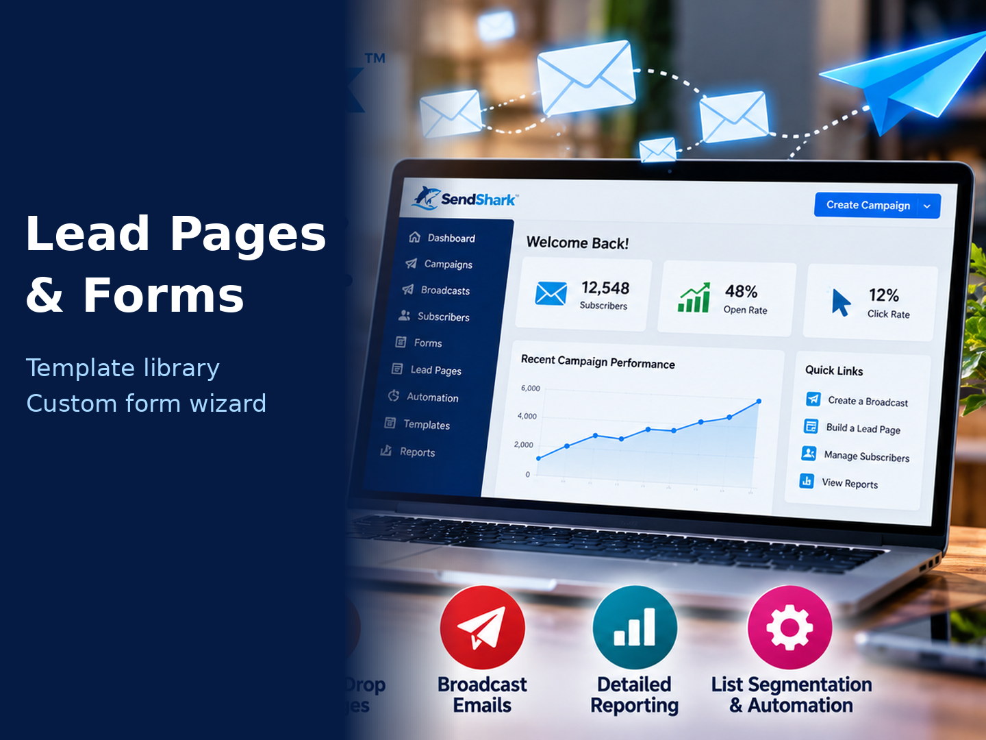 Illustrated email marketing workspace with subscriber list, sign-up forms, and lead-page creation tools