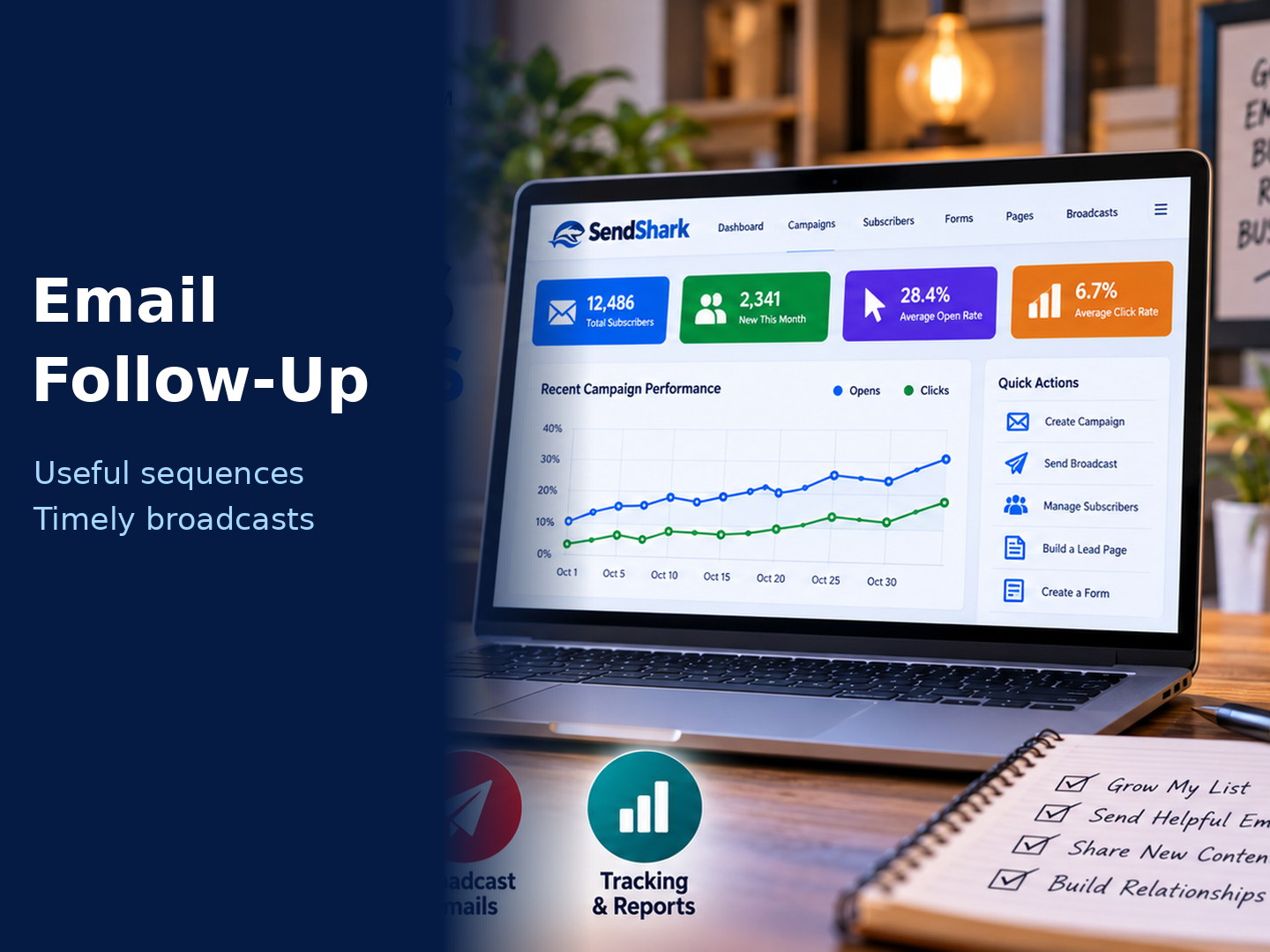 Illustrated SendShark email campaign workspace showing follow-up messages, broadcasts, and reporting