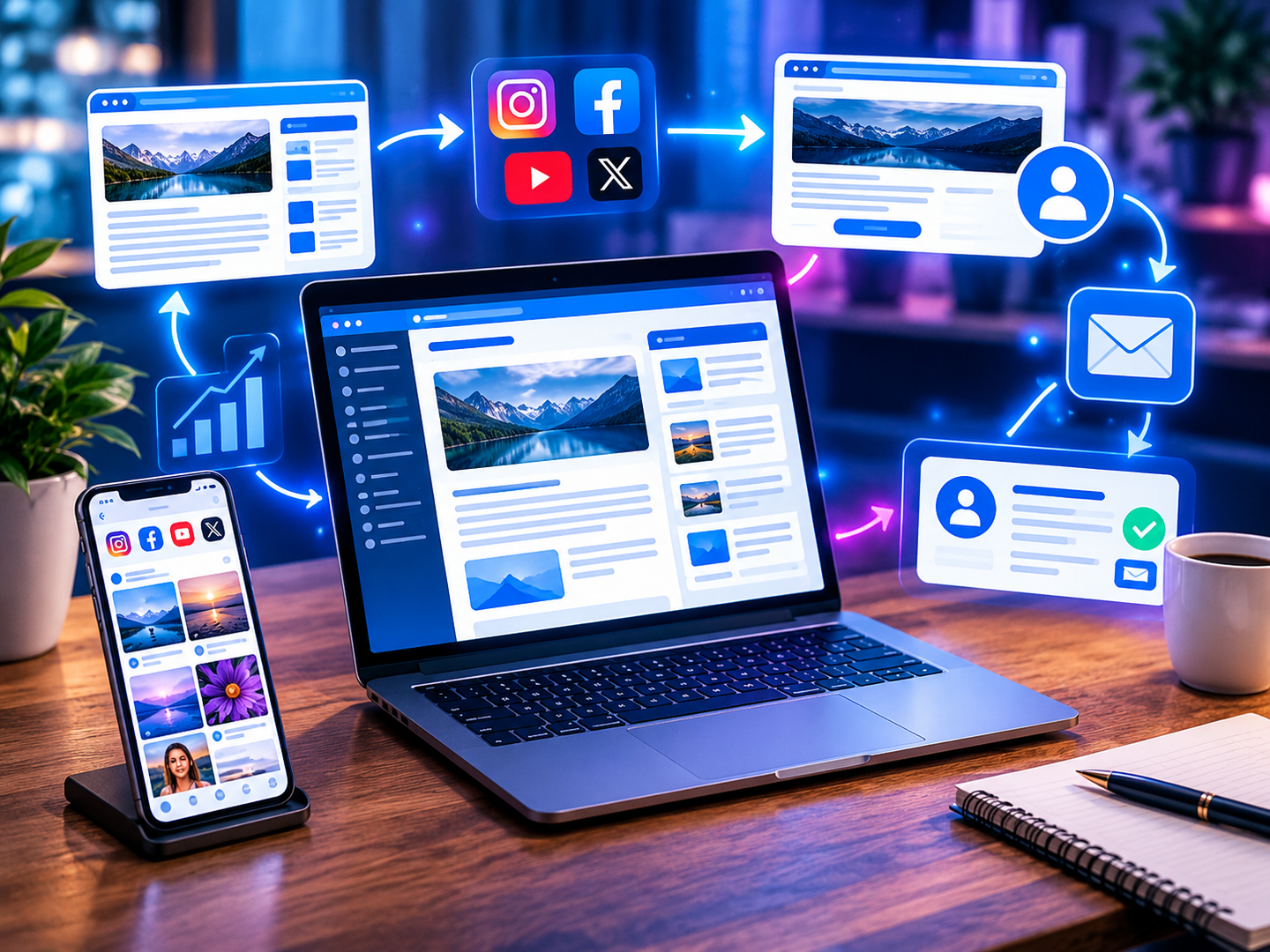 AI marketing automation tools linking content publishing, social media, lead capture and follow-up