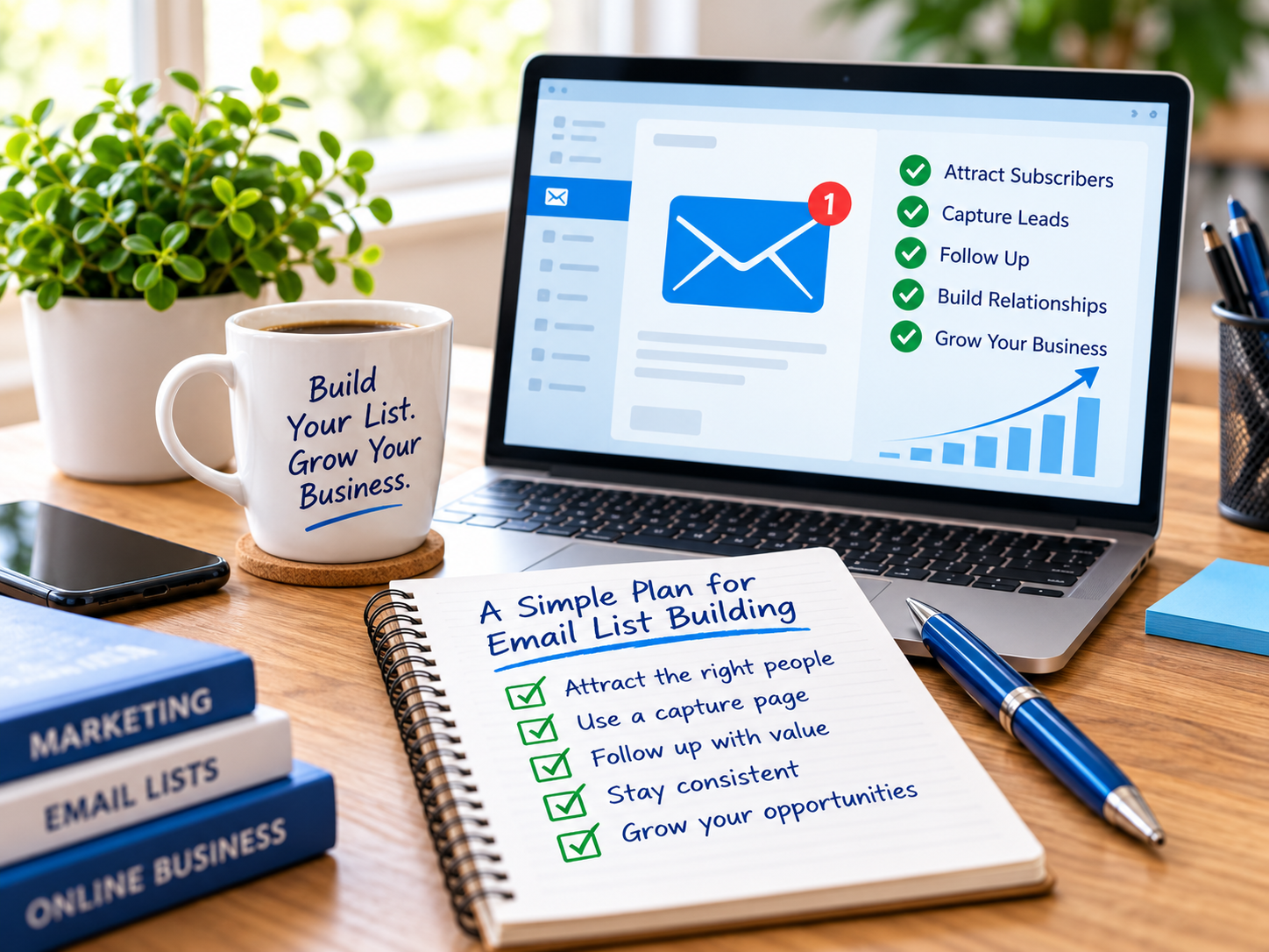 Email list building for beginners with an email signup page and marketing checklist