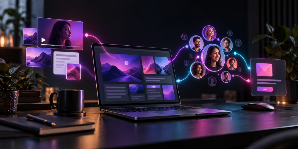 Illustration of content creation, audience connections, and email follow-up linked through an AI marketing workspace