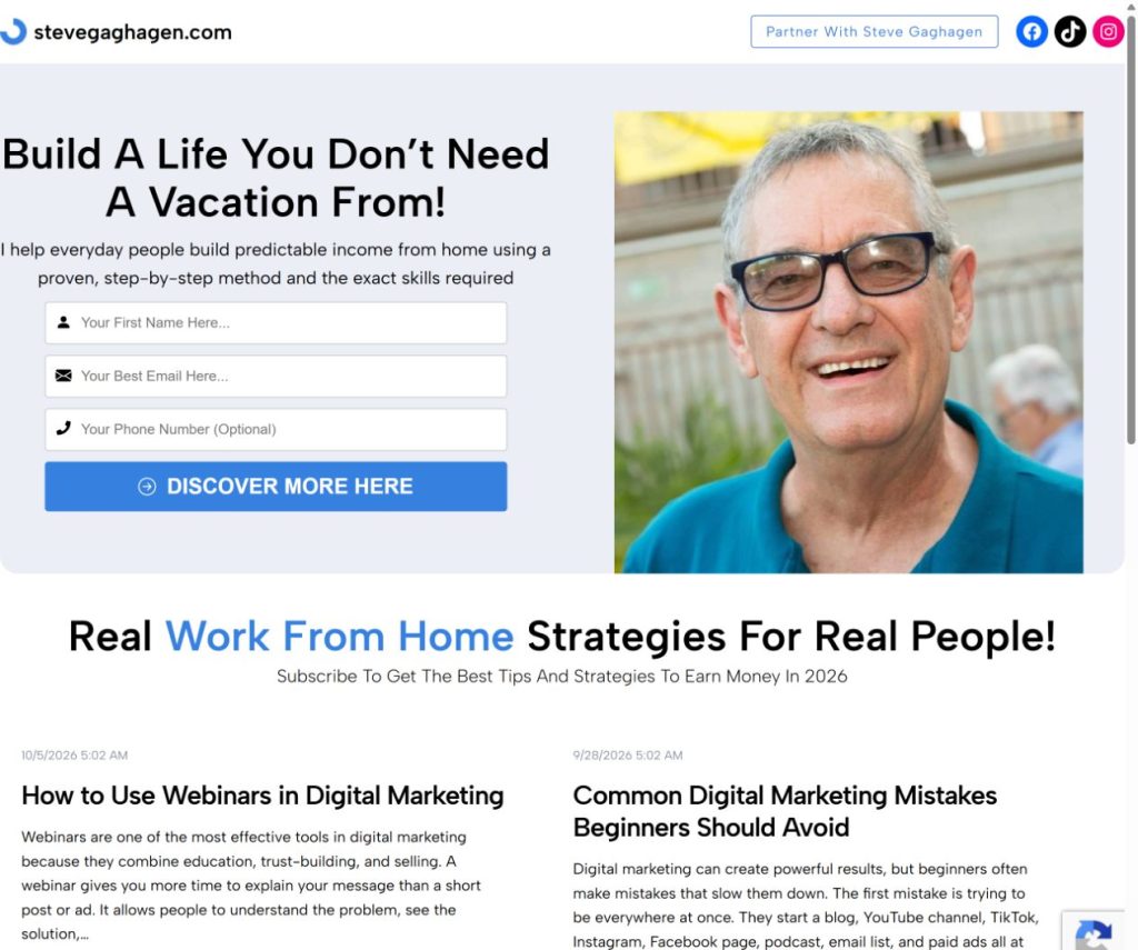 SteveGaghagen.com homepage with Steve Gaghagen’s photo and the site managed through NowOS